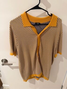 Express Navy and Mustard Geometric Knit Polo